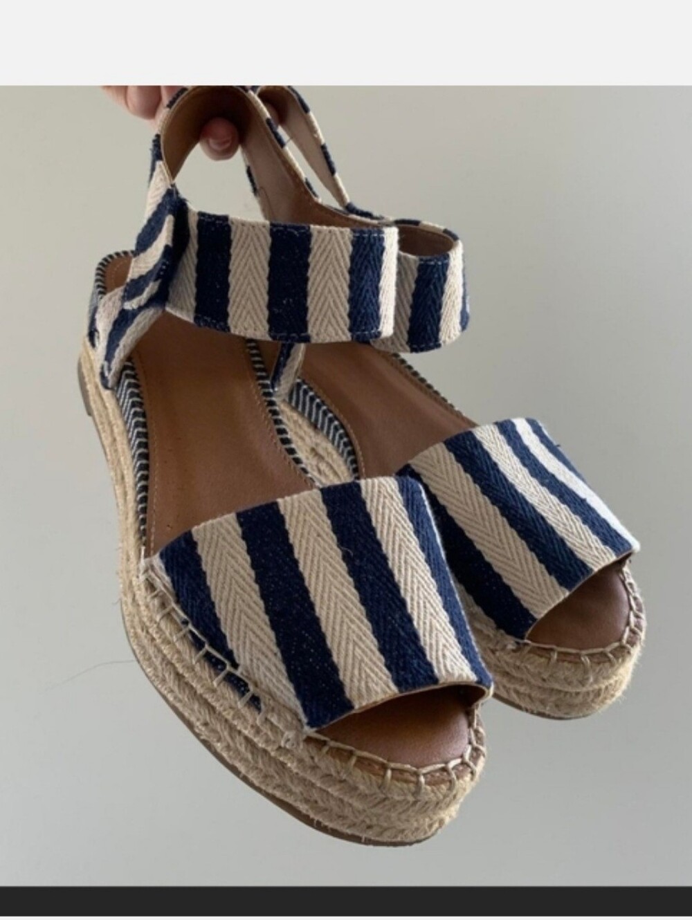 Franco Sarto Navy & Cream Striped Espadrille Wedge Sandals